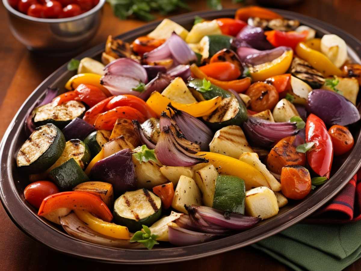 A sumptuous plate of roasted vegetables seasoned with Big Batch Energy Southwest Ranch Seasoning blend, showcasing vibrant colors and rich textures.