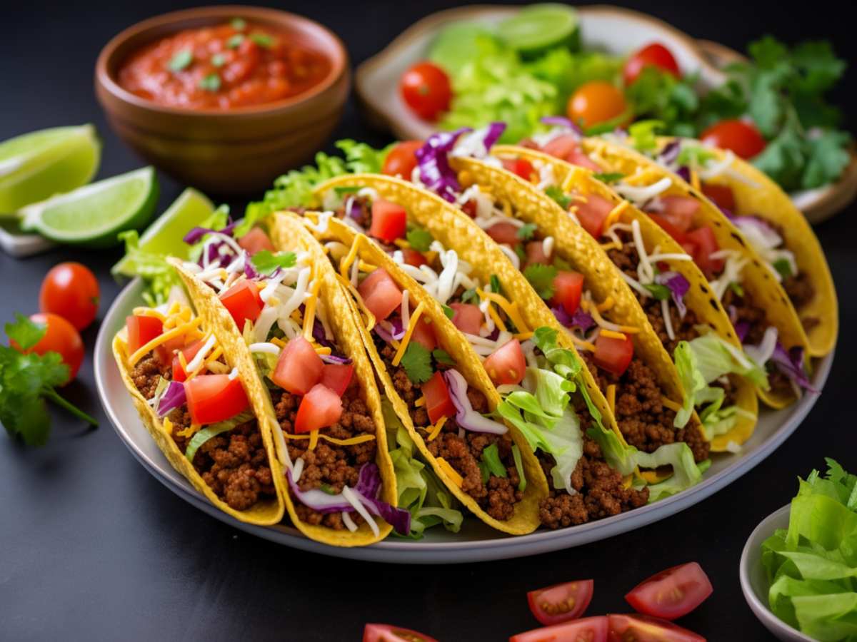 An appetizing taco on a plate, filled with seasoned ground beef, fresh toppings, and a touch of Big Batch Energy Taco Seasoning from BIG BATCH ENERGY Spice Blends
