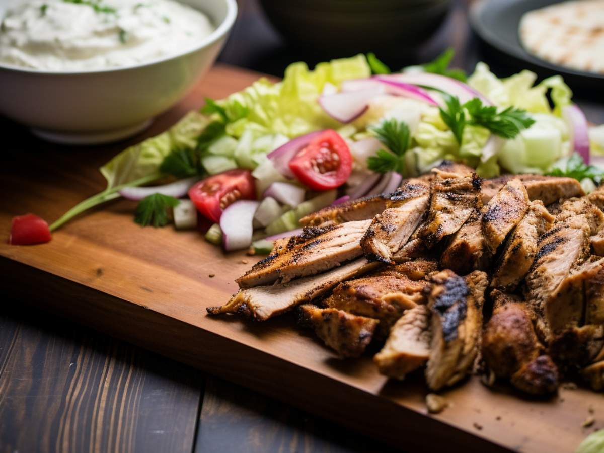 Juicy grilled chicken with enticing grill marks is surrounded by fresh vegetables and pita bread, all seasoned to perfection with Big Batch Energy spices.