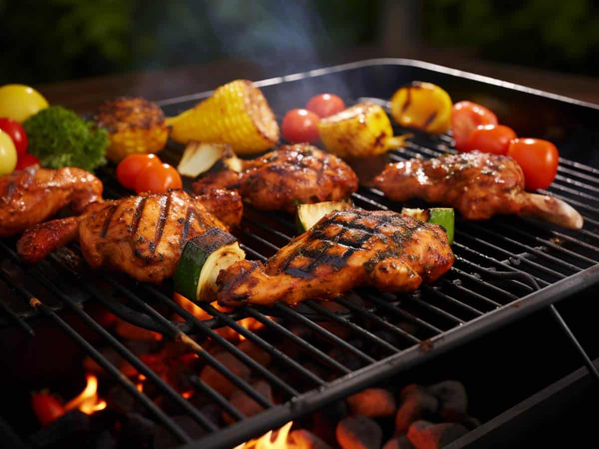 A delightful scene of Spicy BBQ Fiesta Chicken sizzling on the grill, generously coated with the flavorful Big Batch Energy Spicy BBQ Seasoning.