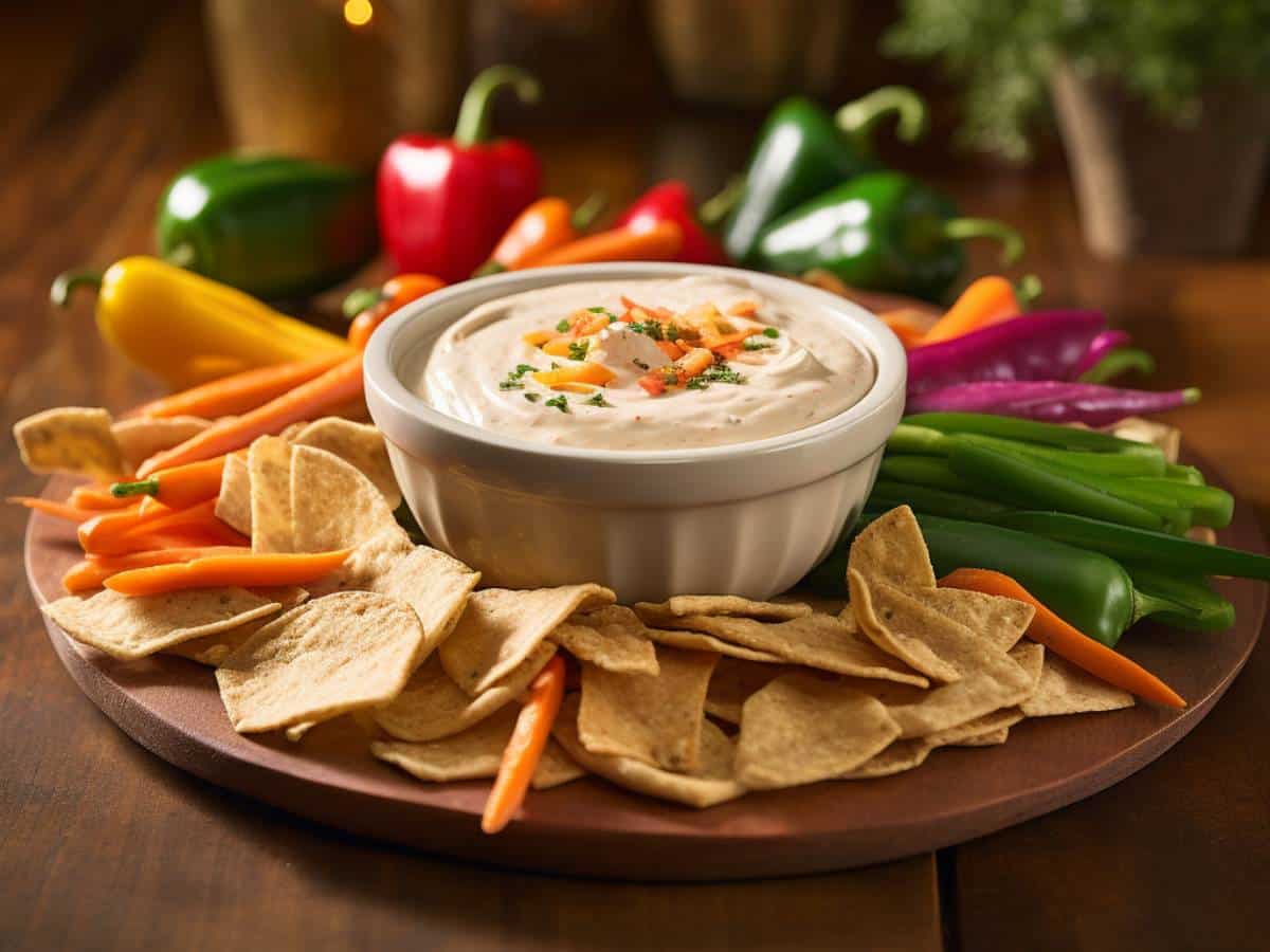 An inviting scene showcasing a bowl of Vegan Southwest Ranch Dip created using the flavorful Southwest Ranch seasoning blend' from Big Batch Energy Spice Blends.
